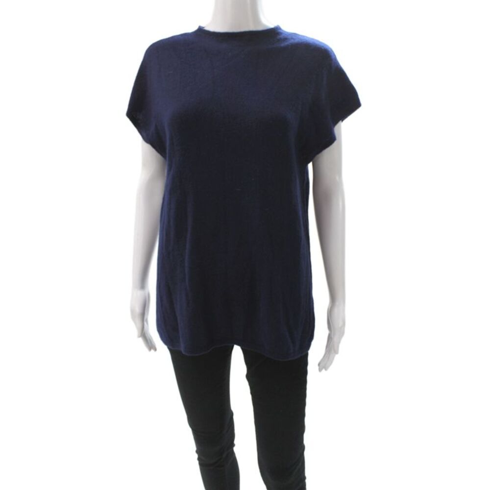 Lusso Women Blue 100% Cashmere Pullover Crew Neck Short Sleeve Solid Size L
